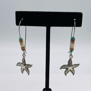 Earrings Star Fish Metal Ocean Beach Silver Tone Dangle Coastal Sea Hook Animal